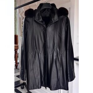 Women’s Black Leather Stroller with Matching Fox Fur Trim Hood & Mink Lining